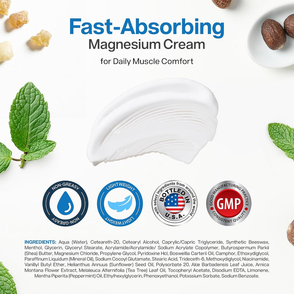 Fast-absorbing magnesium cream, non-greasy, lightweight, bottled in the USA, GMP certified, full ingredient list